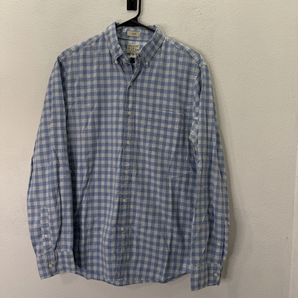 J Crew Secret Wash Shirt Mens M Blue Gingham Organic Cotton Stretch Slim Fit